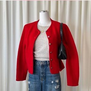 Vintage 90s Laura Jean Bright Red Boiled Wool Cardigan Sweater size 11/12.